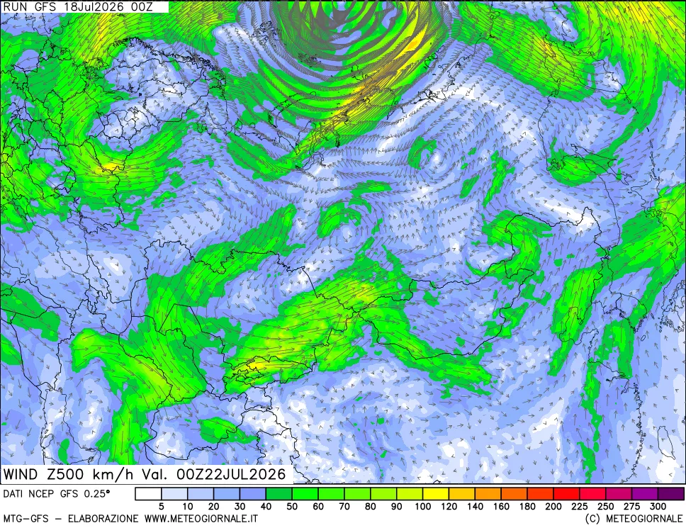 mappa 500 hPa Vento forza e direzione