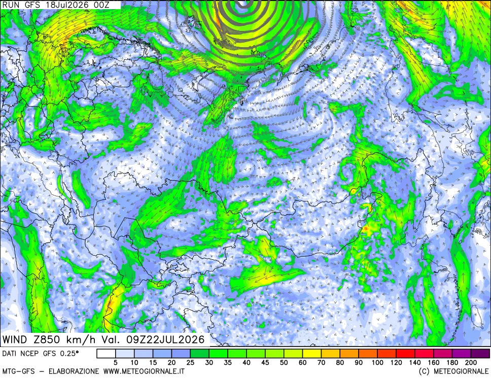 mappa 850 hPa Vento forza e direzione