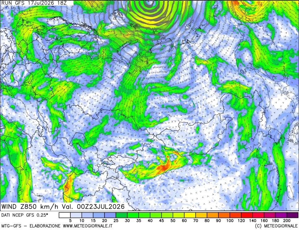 mappa 850 hPa Vento forza e direzione