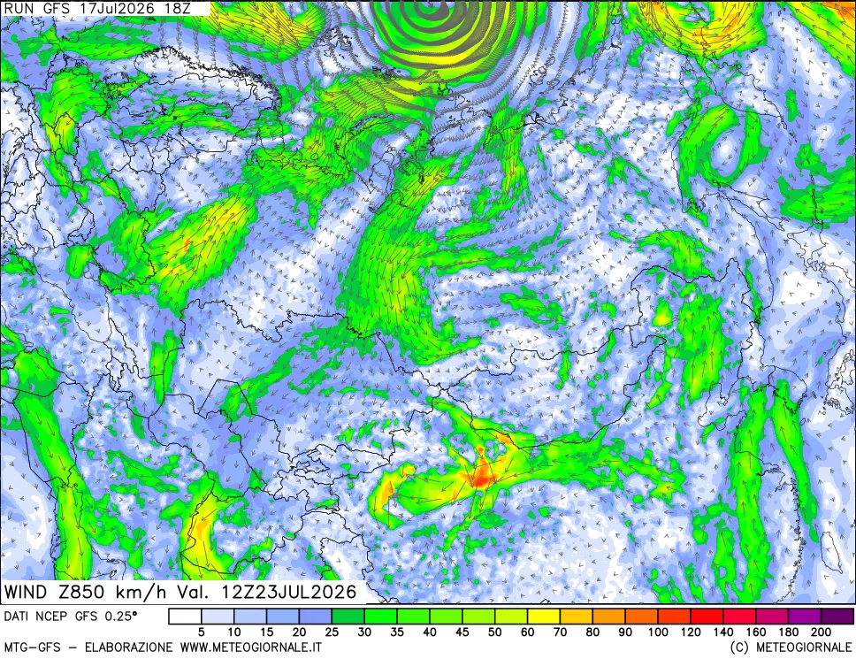mappa 850 hPa Vento forza e direzione
