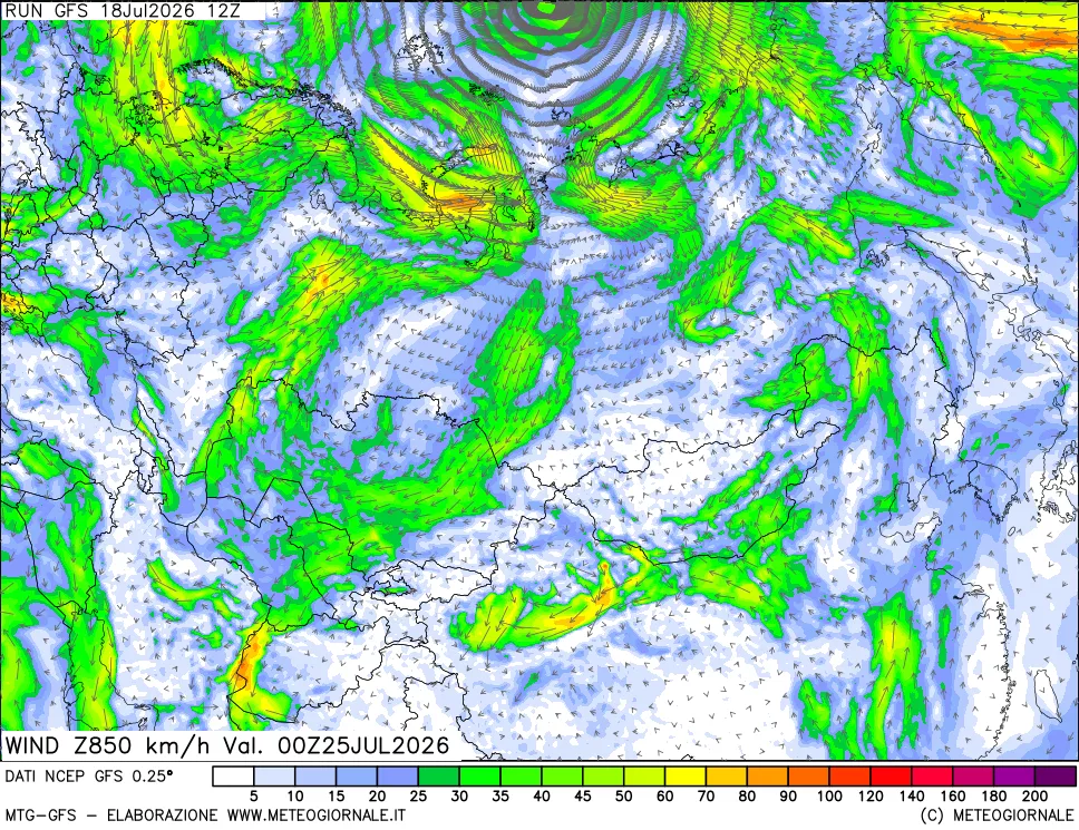 mappa 850 hPa Vento forza e direzione