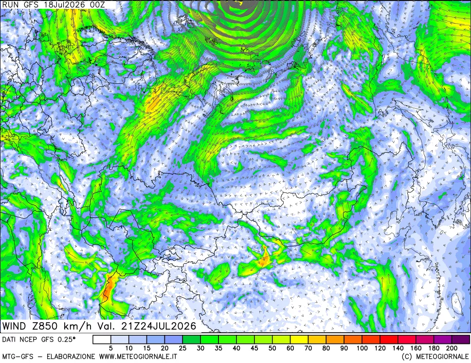 mappa 850 hPa Vento forza e direzione