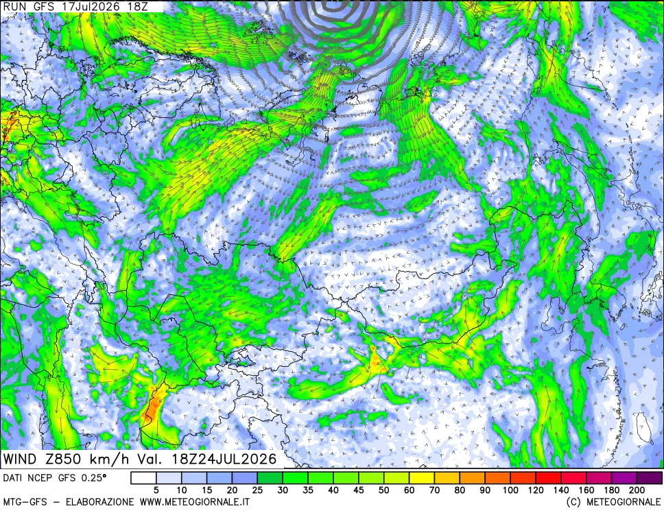 mappa 850 hPa Vento forza e direzione