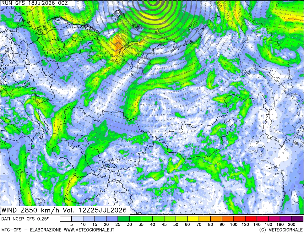 mappa 850 hPa Vento forza e direzione