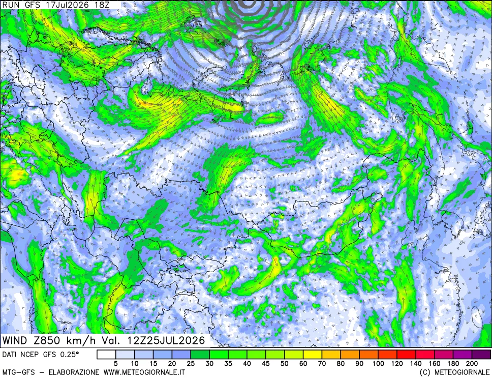 mappa 850 hPa Vento forza e direzione