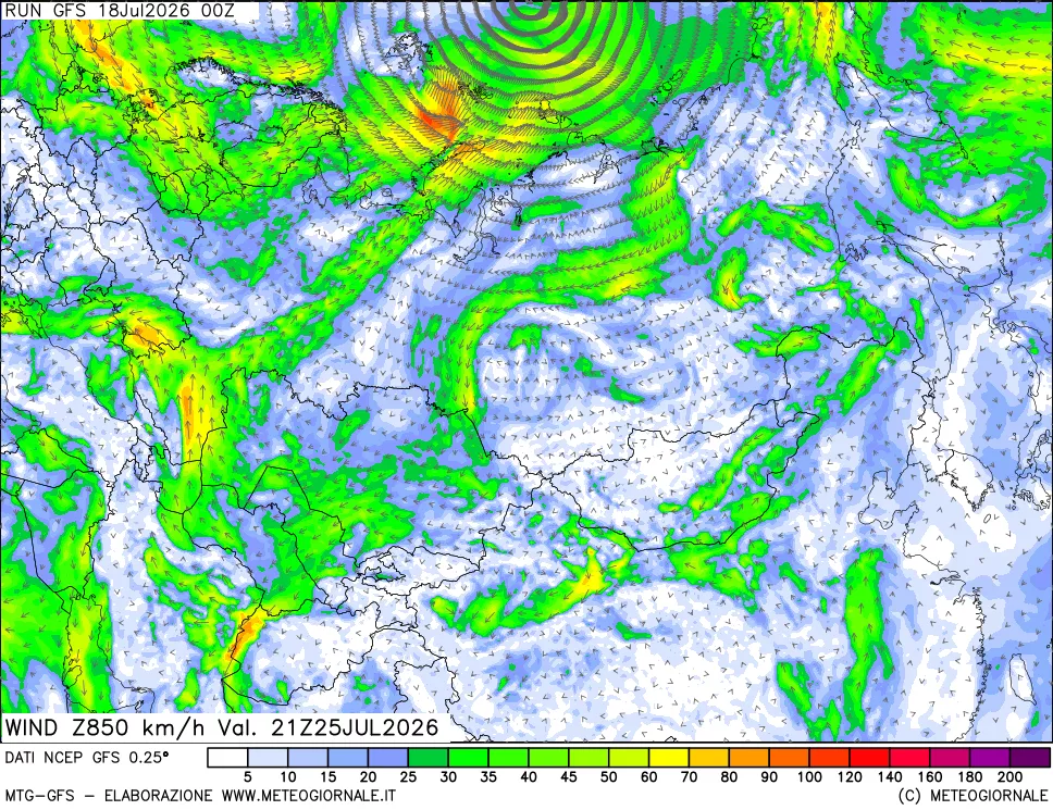 mappa 850 hPa Vento forza e direzione