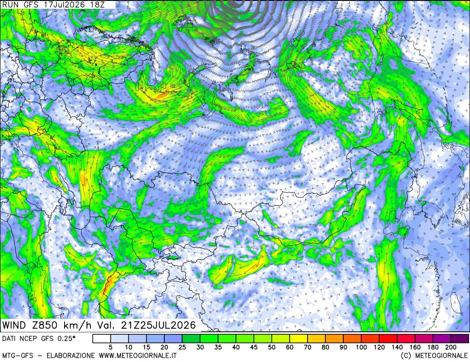 mappa 850 hPa Vento forza e direzione