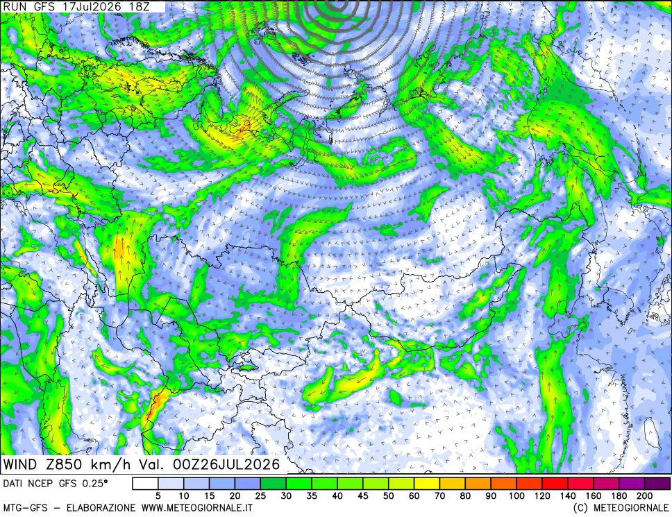 mappa 850 hPa Vento forza e direzione