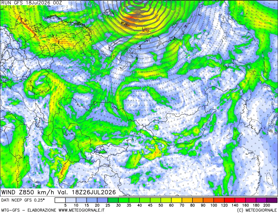 mappa 850 hPa Vento forza e direzione