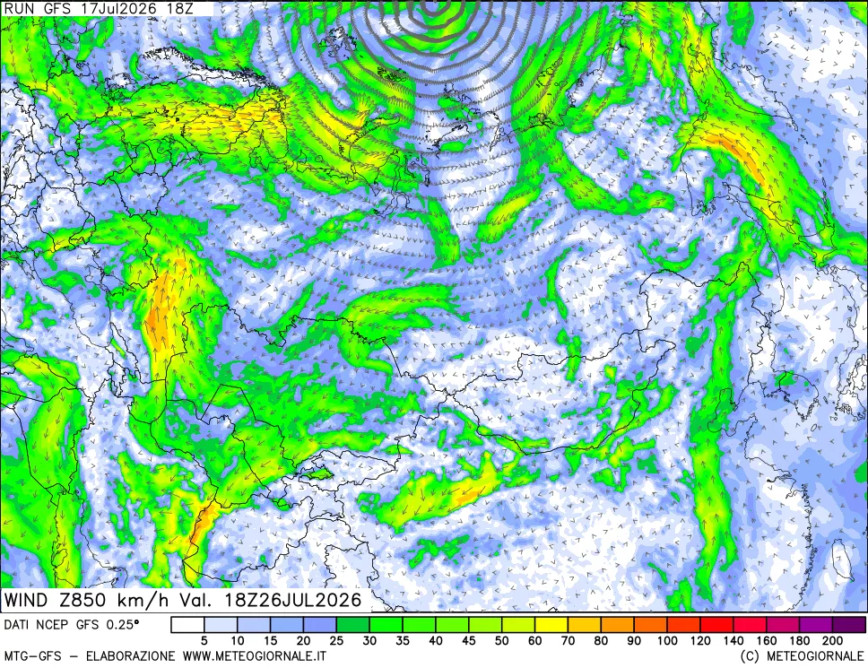 mappa 850 hPa Vento forza e direzione