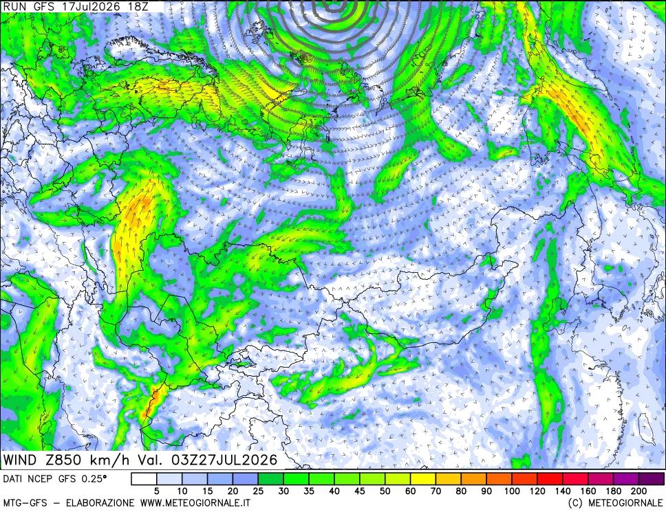 mappa 850 hPa Vento forza e direzione