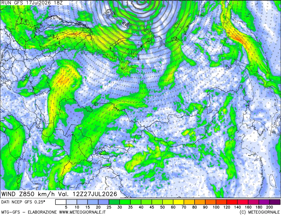 mappa 850 hPa Vento forza e direzione