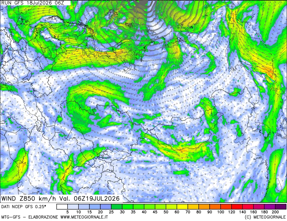 mappa 850 hPa Vento forza e direzione