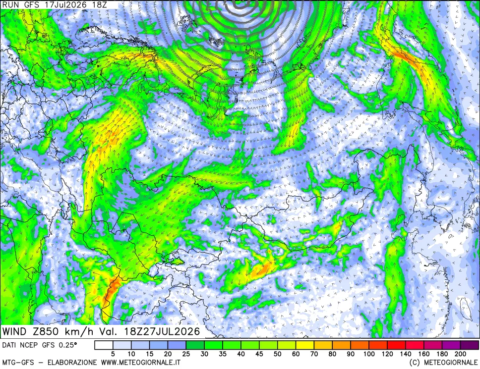 mappa 850 hPa Vento forza e direzione