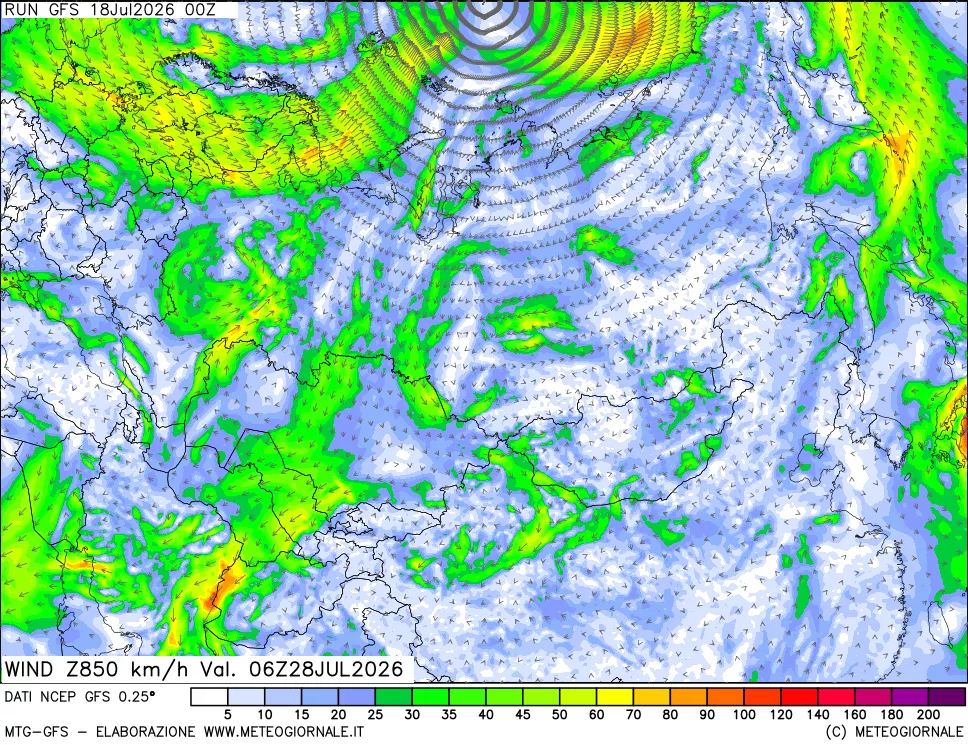 mappa 850 hPa Vento forza e direzione