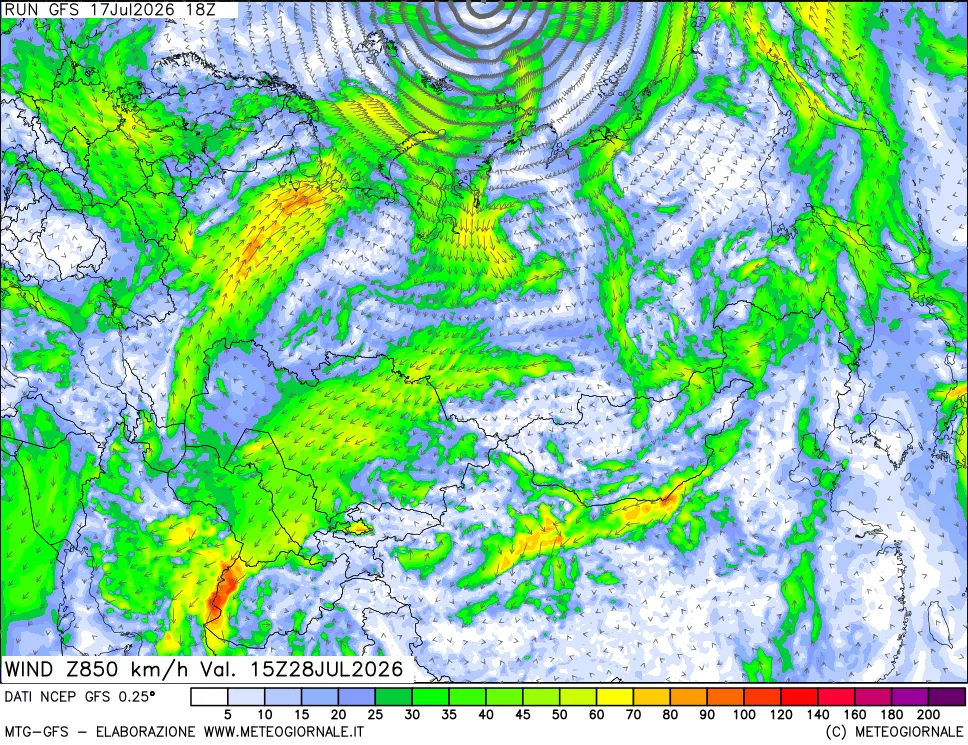 mappa 850 hPa Vento forza e direzione