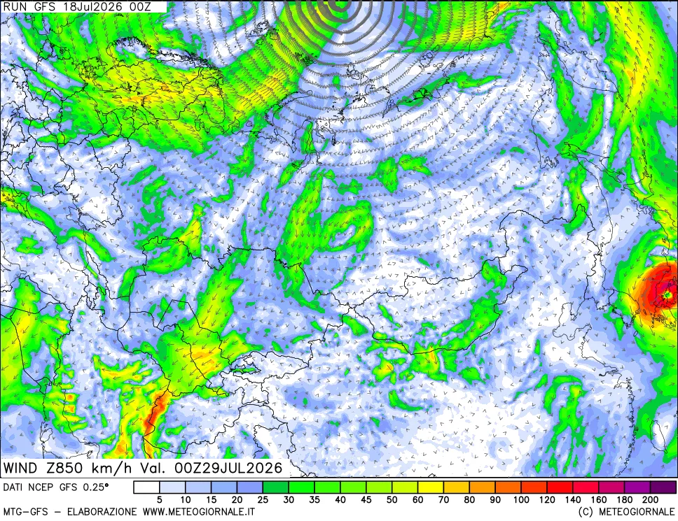 mappa 850 hPa Vento forza e direzione