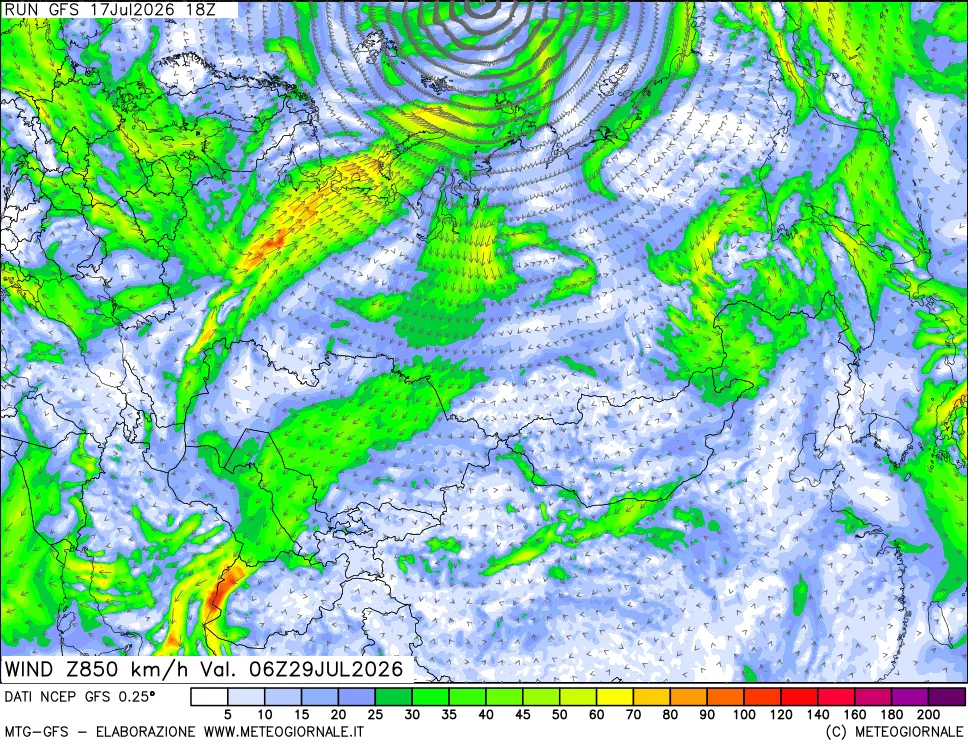 mappa 850 hPa Vento forza e direzione