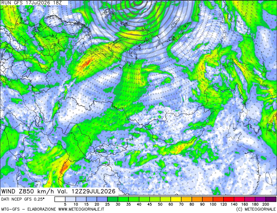mappa 850 hPa Vento forza e direzione
