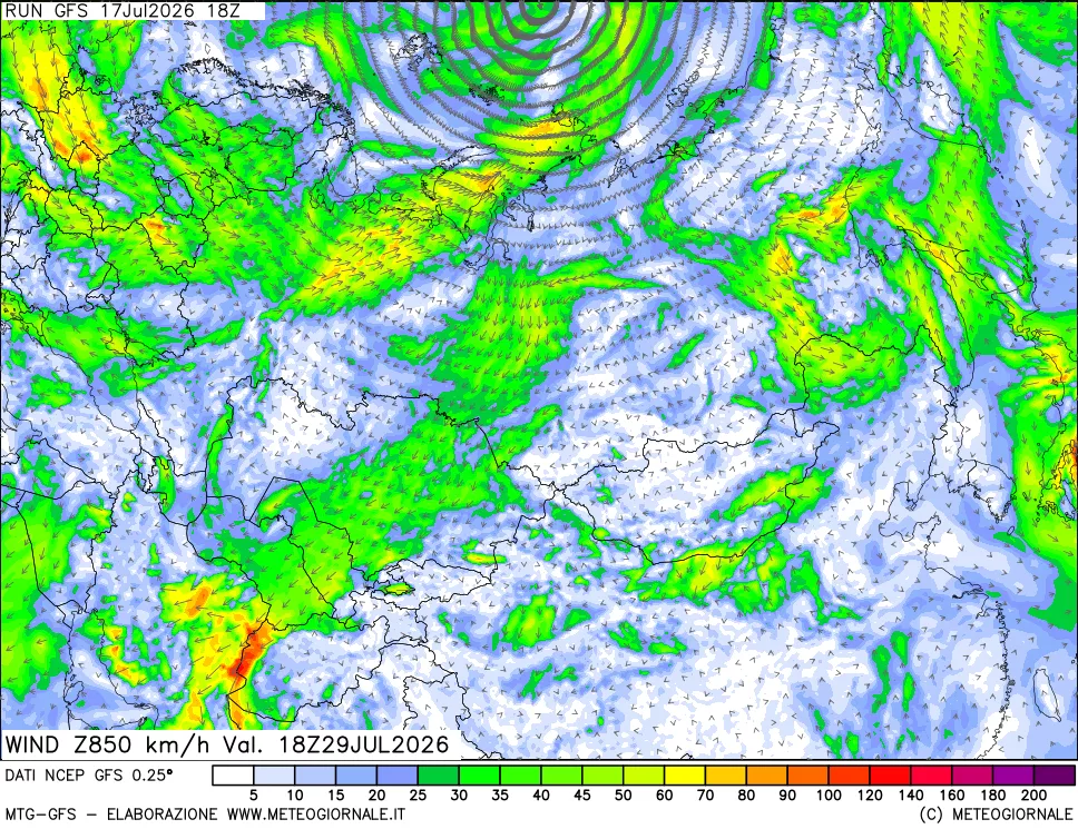 mappa 850 hPa Vento forza e direzione
