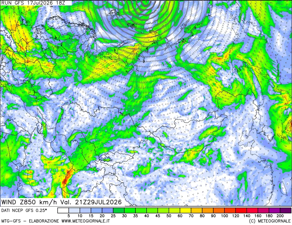 mappa 850 hPa Vento forza e direzione
