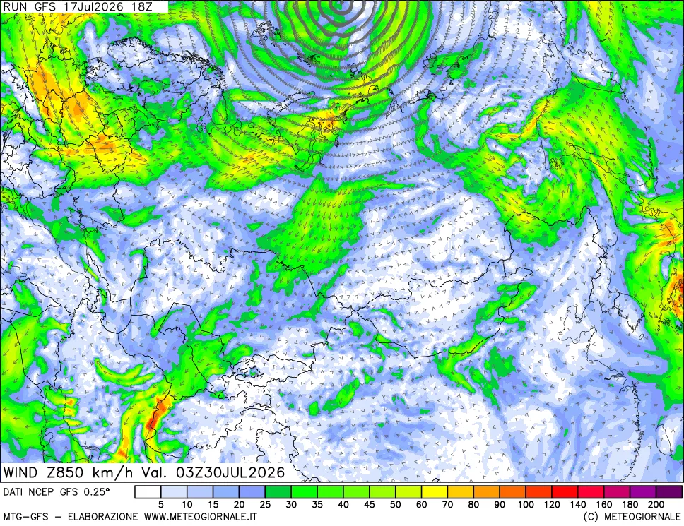mappa 850 hPa Vento forza e direzione