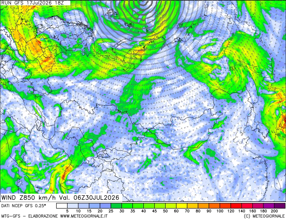 mappa 850 hPa Vento forza e direzione