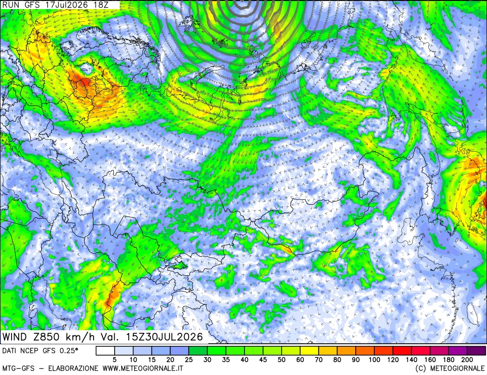 mappa 850 hPa Vento forza e direzione