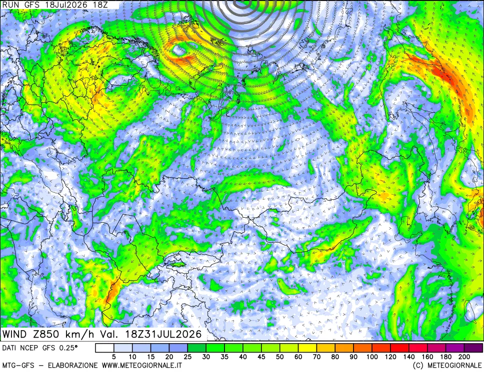 mappa 850 hPa Vento forza e direzione