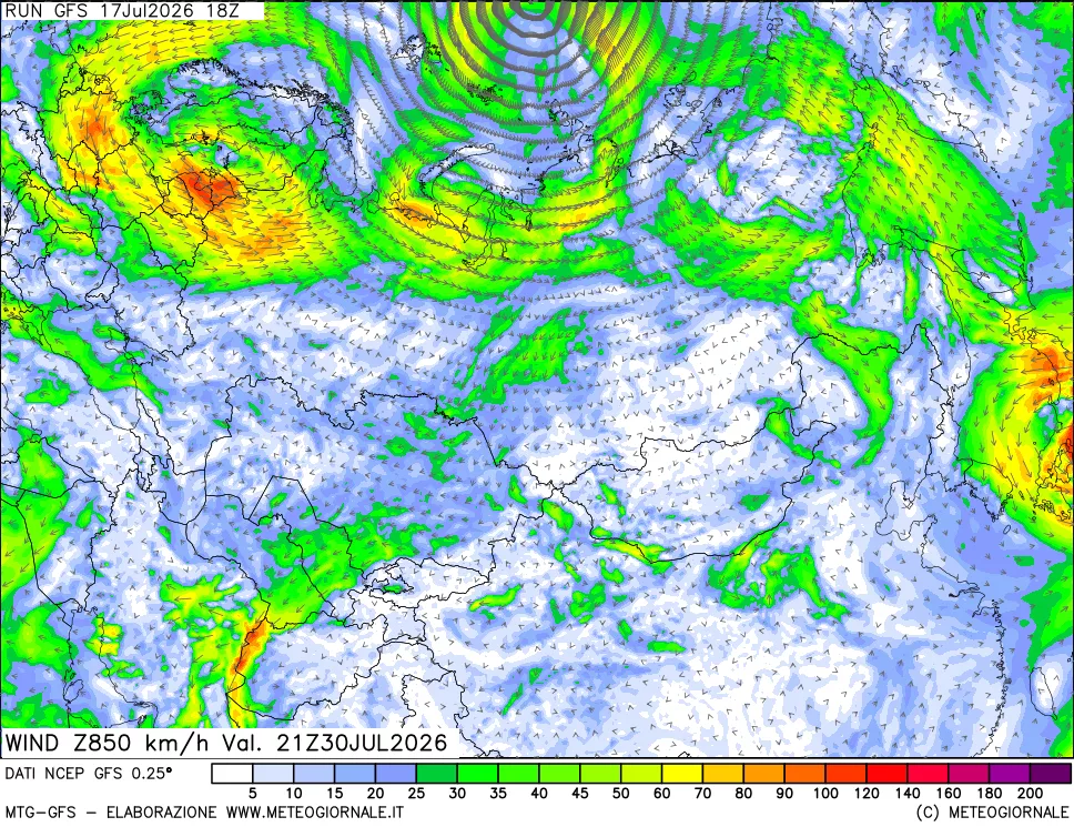 mappa 850 hPa Vento forza e direzione