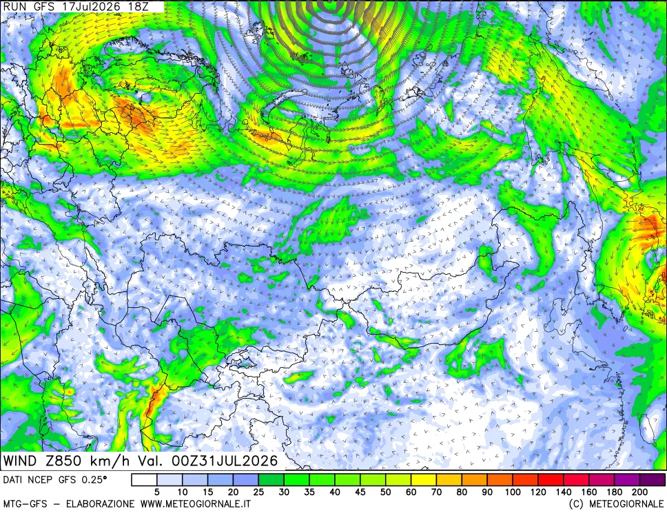 mappa 850 hPa Vento forza e direzione