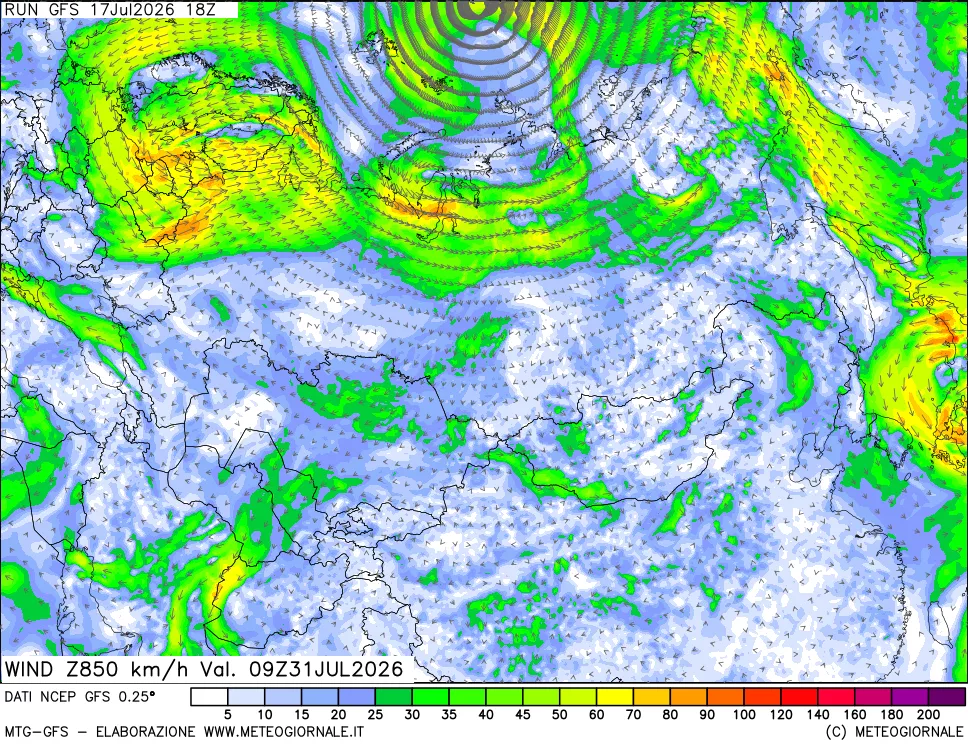 mappa 850 hPa Vento forza e direzione