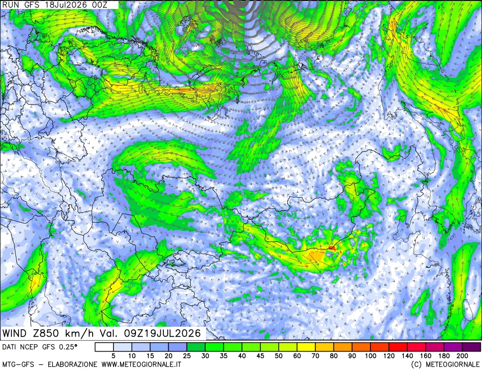 mappa 850 hPa Vento forza e direzione