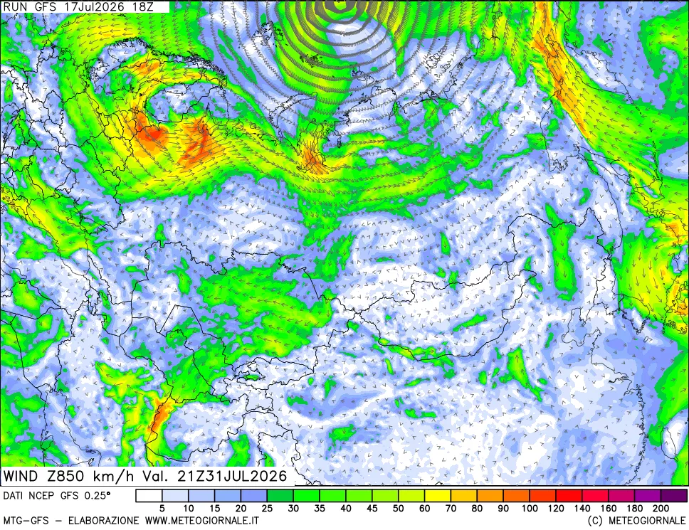 mappa 850 hPa Vento forza e direzione