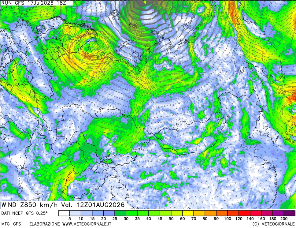 mappa 850 hPa Vento forza e direzione