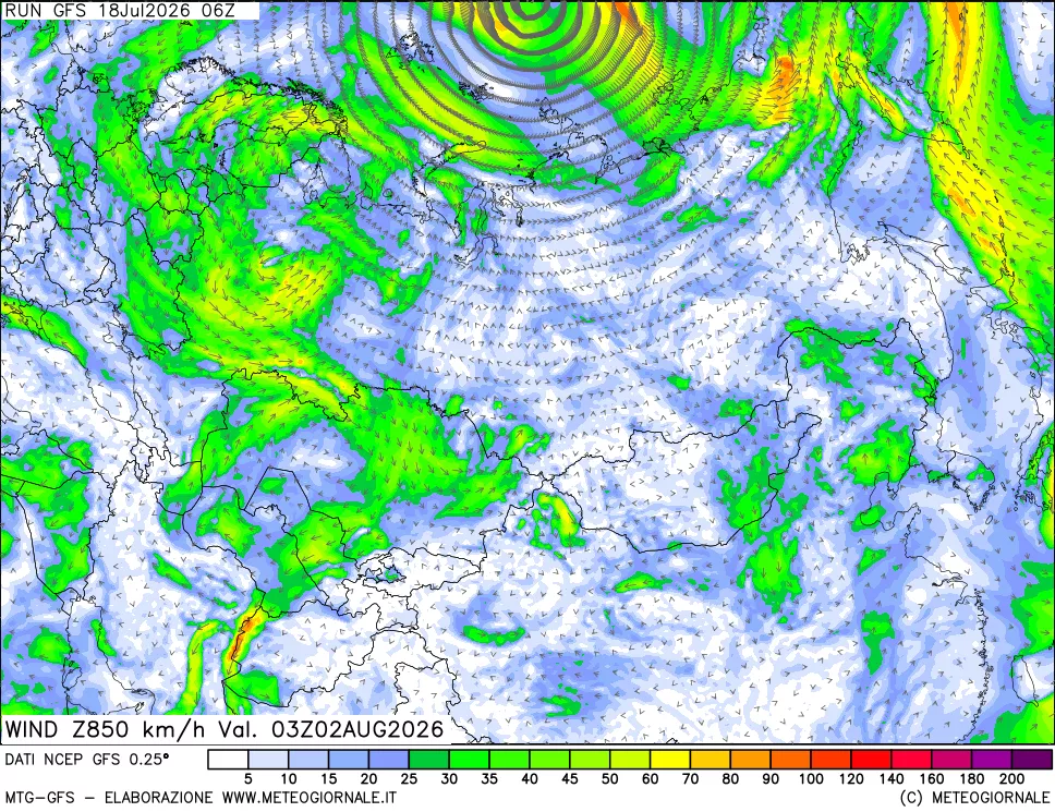 mappa 850 hPa Vento forza e direzione