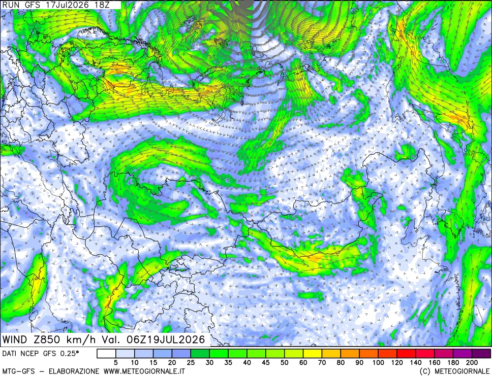 mappa 850 hPa Vento forza e direzione