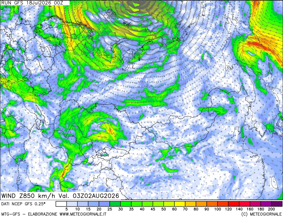 mappa 850 hPa Vento forza e direzione