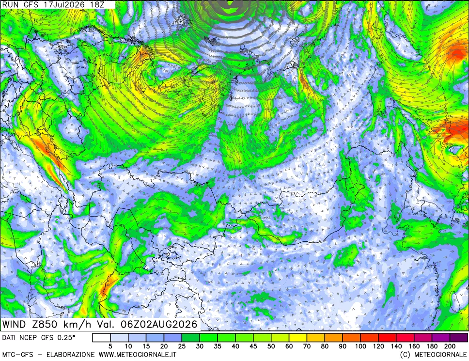 mappa 850 hPa Vento forza e direzione