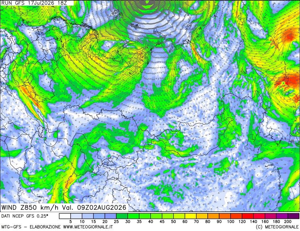 mappa 850 hPa Vento forza e direzione