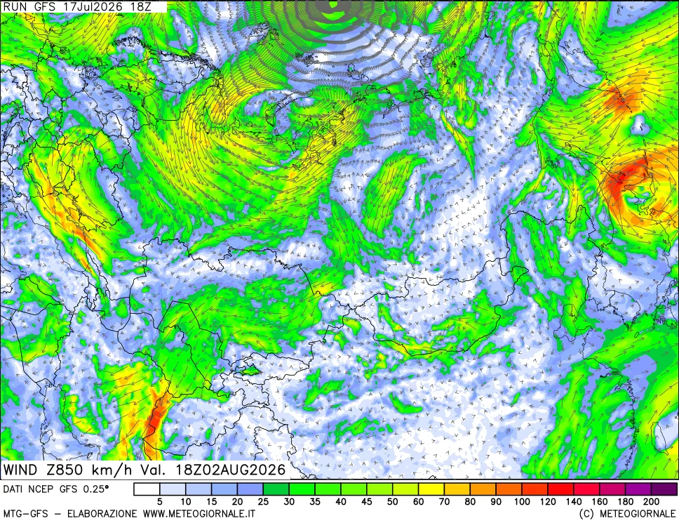 mappa 850 hPa Vento forza e direzione