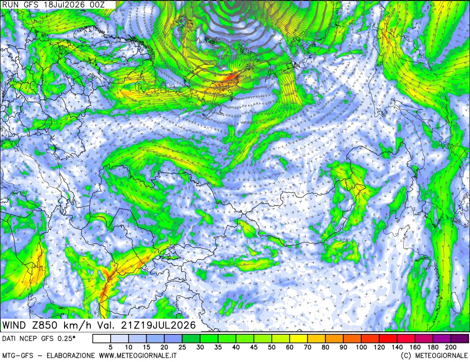 mappa 850 hPa Vento forza e direzione