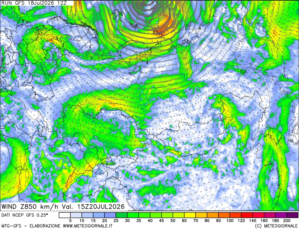 mappa 850 hPa Vento forza e direzione