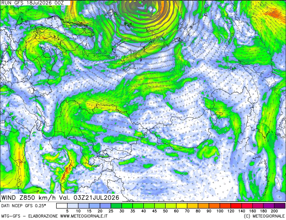 mappa 850 hPa Vento forza e direzione