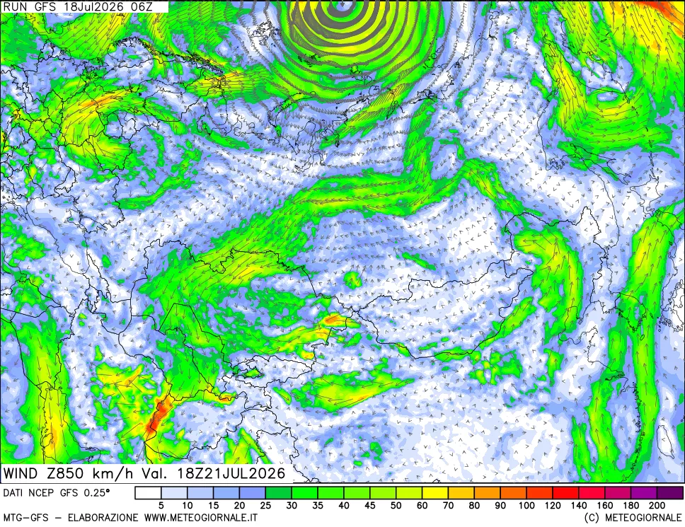 mappa 850 hPa Vento forza e direzione