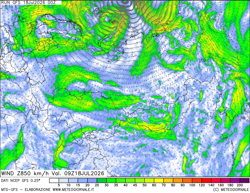 mappa 850 hPa Vento forza e direzione
