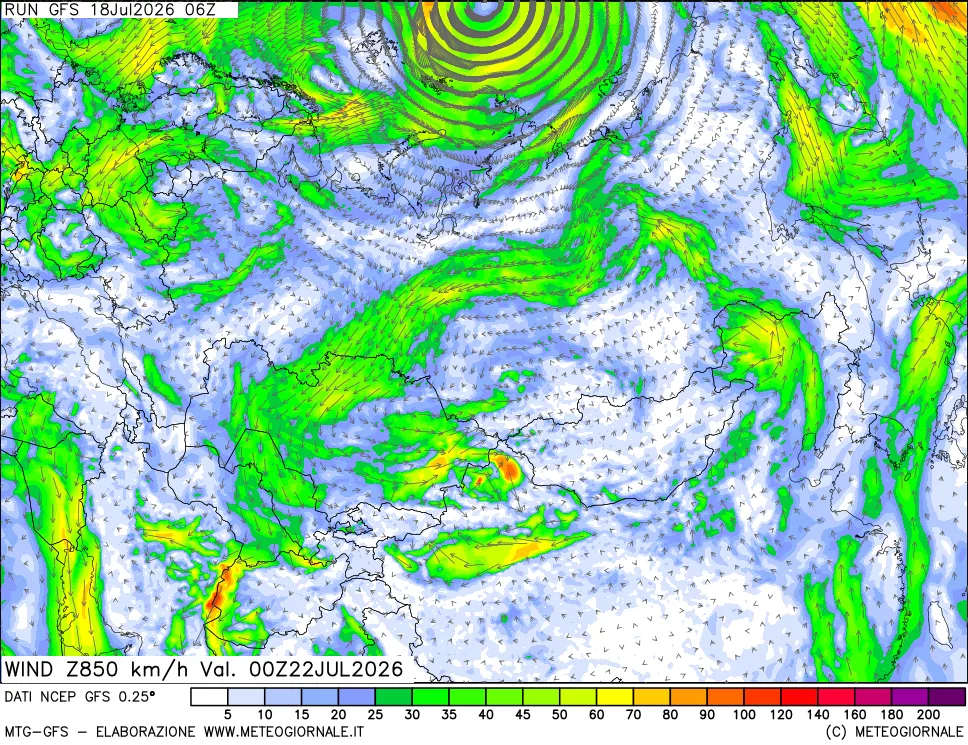 mappa 850 hPa Vento forza e direzione