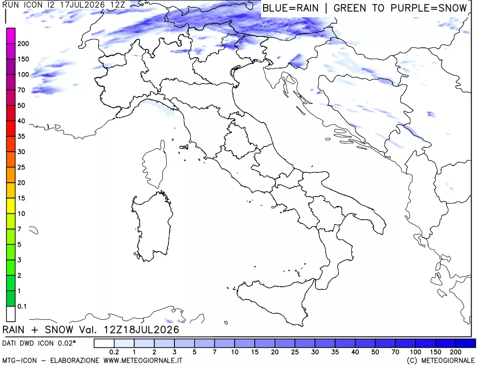 mappa Precipitazioni totali e nevose 24 ore precedenti