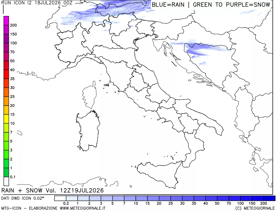 mappa Precipitazioni totali e nevose 24 ore precedenti