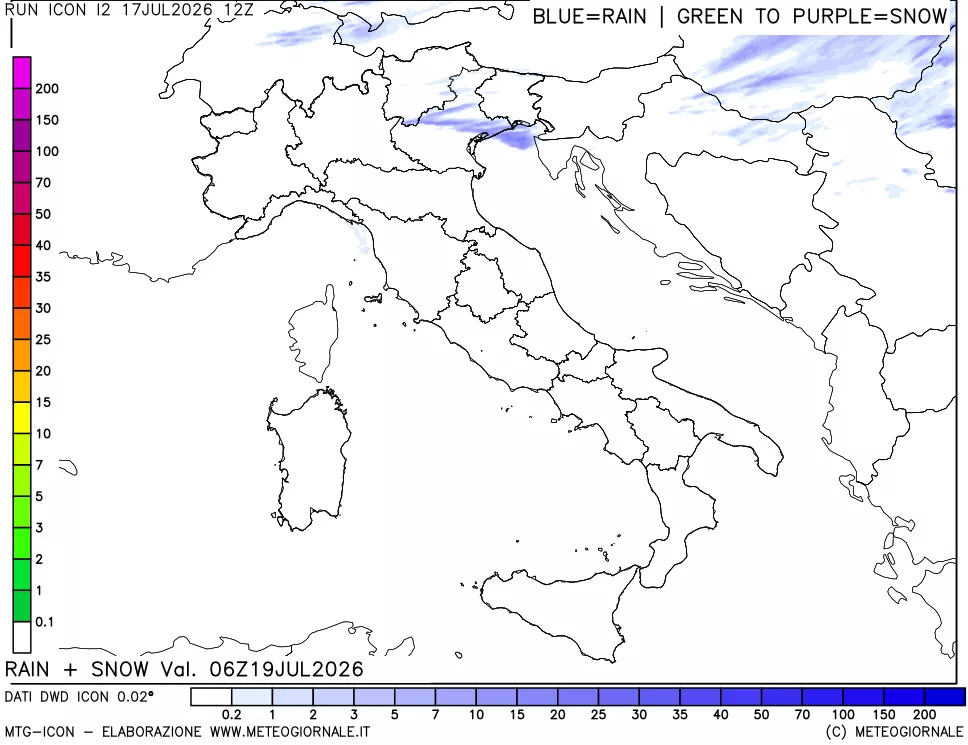 mappa Precipitazioni totali e nevose 24 ore precedenti